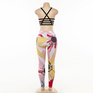 Conjunto de Yoga con Estampado Floral para Mujer, 2 Piezas, Leggings de Cintura Alta, Top Corto, Espalda Cruzada, Spandex, Poliéster, Ropa Deportiva Elástica de Longitud Completa - Product Image 3