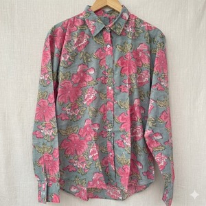 Camisa de Algodón con Estampado Floral para Mujer, Cuello Abotonado, Manga Larga, Casual, Primavera Verano, Corte Regular, Blusa con Estampado Azul y Rosa - Product Image 3