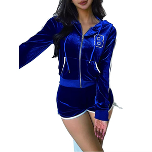 Conjunto deportivo informal de 2 piezas para mujer de alta calidad, conjunto de chándal con capucha y cremallera con bordado de números en terciopelo y pantalones cortos. - Product Image 1