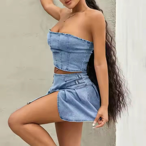 Ensemble crop top et jupe en jean pour femme, bleu clair délavé, ourlet à volants, tenue d'été sexy, ensemble deux pièces - Product Image 4