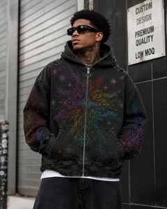 Sudadera con capucha para hombre, de corte holgado y extragrande, con cremallera, de mezclilla con pedrería personalizada, estilo streetwear, desgastada, de peso pesado 450 GSM - Product Image 2