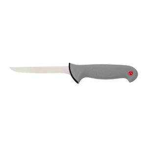 Couteaux à désosser gris avec lame étroite courbée argentée, protège-doigts noir et accent de poignée rouge pour la découpe de viande et les utilisations culinaires - Product Image 1