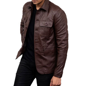 Men's Brown Genuine Leather Canvas <b>Thin</b> <b>Jacket</b> with Zipper Closure Stand Collar <b>Waterproof</b> Breathable Winter Workwear Style - Product Image 4