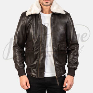 Blouson aviateur en cuir marron foncé pour homme de qualité supérieure avec col en fausse fourrure blanche, veste de pilote classique, vêtement d'extérieur chaud pour l'hiver - Product Image 6