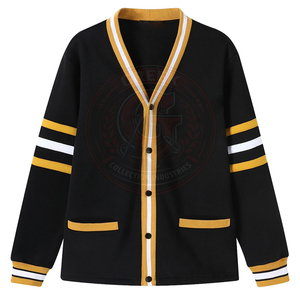 Cardigan noir en tricot pour femmes de sororité avec rayures jaunes et blanches, col en V, manches longues, pull décontracté, coupe classique, broderie grecque - Product Image 1