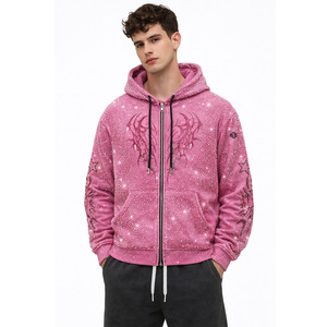 Sudaderas con Cierre Relaxed Fit de Alta Calidad con Pedrería para Hombre, Forro Polar Grueso, Estilo Urbano, Logotipo Personalizado, Venta al por Mayor, Bajo MOQ - Product Image 1