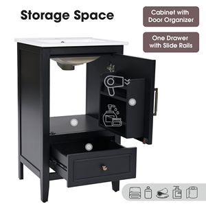 Mobile da Bagno Nero da 20 Pollici con Lavabo, Armadietto a Una Porta, Ripiano Regolabile e Cassetto, Piedini Robusti - Product Image 6