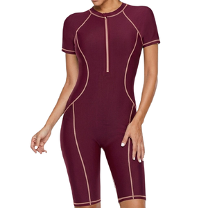 Maillot de bain une pièce haut de gamme 220g en Spandex Nylon sans couture à col rond avec short - Product Image 1