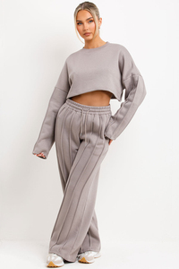 Women Gray 2 Piece <b>Tracksuit</b> Set Crop Top With Full Length Sweatpants Solid Color Casual Loose Fit Drawstring Waist Joggers - Product Image 5