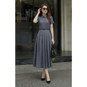 Vestido Midi Gris para Mujer al Mejor Precio, Manga Corta, Cuello de Solapa, Corte en A, Plisado, con Cinturón, Elegante, para Oficina, Proveedor Mayorista - Product Image 1