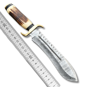 Cuchillo Bowie de Acero de Damasco Hecho a Mano por A&M Enterprises con Mango de Asta de Ciervo y Funda de Cuero, Cuchillos de Camping al por Mayor - Product Image 4
