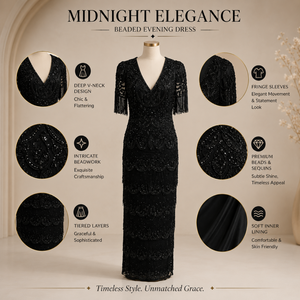 Luxury Black Beaded Evening Gown Women Deep V Neck Fringe Sleeve <b>Sequin</b> Maxi Dress Tiered Formal Wedding Party Prom Designer - Product Image 5