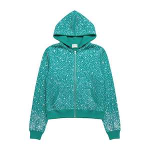 Sweat à capuche zippé surdimensionné pour homme, en coton 100% premium, avec logo personnalisé et strass sur toute la surface, pour l'hiver - Product Image 1