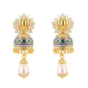 18K Gold Plated Lotus German <b>Silver</b> <b>Drop</b> <b>Earrings</b> with Pearl and Zircon - Product Image 1