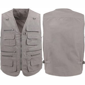 Men's Gray Multi Pocket <b>Utility</b> <b>Vest</b> With Zipper Closure Breathable Casual Outerwear V-neck Design For Spring Wear 2026 - Product Image 1