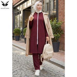 Custom Women <b>Modest</b> Solid Casual Tracksuit Full Zip Longline Hoodie and Joggers <b>Set</b> Islamic Sports 2 Piece Muslim Gym Suit - Product Image 2