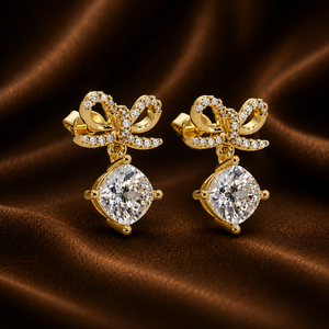 Classic Bow Ribbon Pave Dangle Earrings 14k Pure Gold Rhodium Plated <b>Cushion</b> Cut Lab Grown Diamond 2.10 CTW IGI Certified - Product Image 1