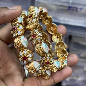 Gold Plated Pota Stone and Meenakari Openable <b>Bangles</b> Set <b>Fine</b> Jewelry Collection - Product Image 1