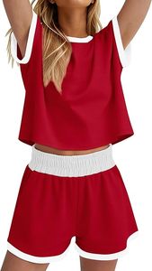 Conjunto de 2 Piezas para Mujer, Color Rojo, Cuello Redondo, Manga Corta, Corte Holgado, Informal, Veraniego, con Bolsillo, Tejido de Poliéster, por Encima de la Rodilla - Product Image 3