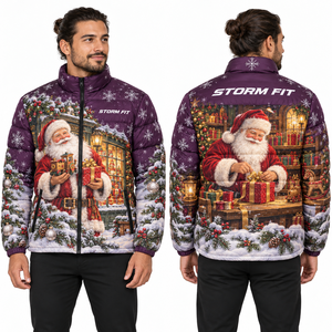 Veste matelassée pour homme avec impression par sublimation de Père Noël, chaude pour l'hiver, fermeture éclair, col montant, coupe-vent - Product Image 1