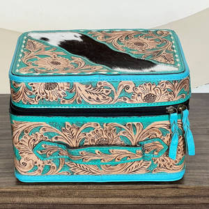 Super September Western Hand Tooled Leather Jewelry Organizer Luxury Cowhide Leather Zipper Closure Makeup <b>Travel</b> Storage <b>Case</b> - Product Image 4