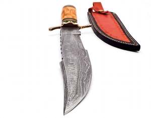 Couteau utilitaire à lame fixe en acier Damas, fabriqué à la main, pour la découpe en extérieur et le barbecue, avec étui en cuir - Product Image 4