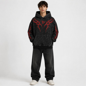 Sweat à capuche oversize gothique pour homme, imprimé épines noires et rouges, en polaire polyester/coton, imperméable, écologique, avec poche avant et design délavé - Product Image 6