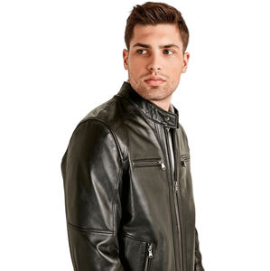 Blouson en cuir noir pour homme, col montant, style motard, coupe ajustée, multi-poches, zippé, décontracté, mode hiver, respirant, devant zippé - Product Image 2