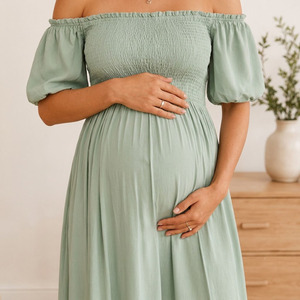 Robe de maternité smockée à épaules dénudées, longue, coupe trapèze, couleur unie, respirante, pour femme, idéale pour l'été - Product Image 5