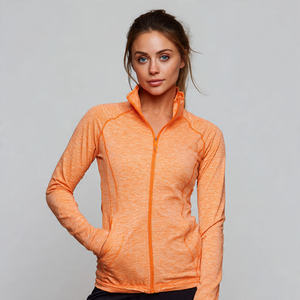 Chaqueta de yoga acolchada para mujer con orificios para los pulgares, bolsillos, cuello alto, cierre de cremallera, 100% poliéster, teñido liso, transpirable, atlética - Product Image 3