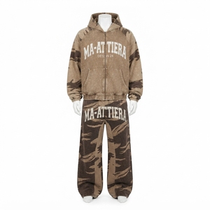 Ensemble survêtement homme marron beige camouflage à capuche zippé coupe ample manches contrastantes streetwear personnalisé OEM ODM vente en gros - Product Image 4