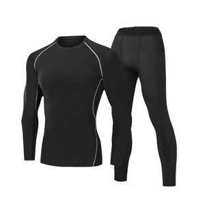 Conjunto de compresión de manga larga para hombre, color negro, cuello redondo, de secado rápido, licra y poliéster, top de manga larga y pantalones, kit sólido para todas las estaciones - Product Image 3