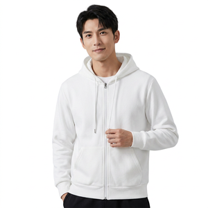 Sweat-shirt à capuche zippé blanc pour homme, coupe classique, en coton French Terry, couleur unie, décontracté, pour l'automne - Product Image 4