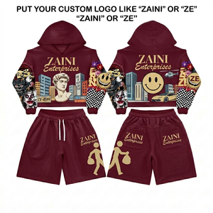 <b>Men</b> <b>Hoodie</b> Short Set 320 GSM Cotton Polyester Fleece Custom Logo Printed Graphic Maroon <b>Burgundy</b> Pullover Shorts Set - Product Image 1