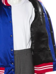 Veste universitaire en satin bleu pour homme, avec bordures rouges et blanches, coupe décontractée, pour l'automne, fermeture éclair simple, poches zippées - Product Image 4
