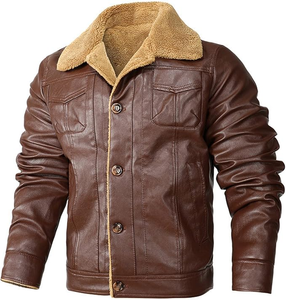 Veste en cuir véritable pour homme avec doublure en fausse fourrure, col rabattable, coupe-vent, style motard, manteau d'hiver, coupe classique - Product Image 3