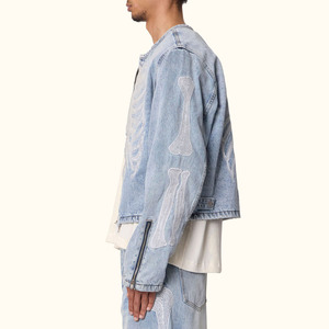 Wholesale New Arrival Washed Blue Cropped <b>Jackets</b> Long Sleeve Collarless Zipper Jean <b>Jacket</b> Men - Product Image 3