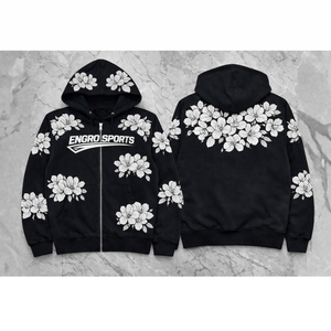 Sweat-shirt personnalisé avec impression en relief – Motif fleur blanche |   Sweat à capuche noir zippé |   Fabricant OEM de sweats à capuche avec design de fleurs d'alstroémera - Product Image 1