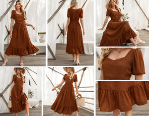 Vestido Midi de Lino y Algodón con Volantes, Mangas Abullonadas, Cintura Imperio, Estilo Bohemio, Transpirable, Fruncido, Marrón, Verano, Vintage, Venta al por Mayor - Product Image 4