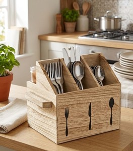 Acacia Wood Flatware <b>Caddy</b> with 3 Compartments Portable Cutlery Organizer Box Rustic <b>Kitchen</b> Utensil Holder with Handle - Product Image 3