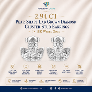 2.94 CT White Gold Pear Shape Lab Grown Diamond Cluster Stud Earrings in 18K Solid Gold, Floral Triple Stone Earrings - Product Image 1