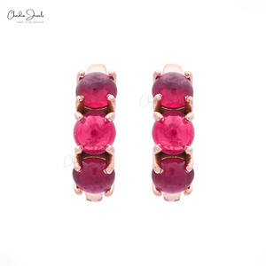 Boucles d'oreilles pendantes en rubis de Birmanie naturel de 4 mm, taille ronde, prêtes à être expédiées, en or rose massif 14 carats, style Huggie Hoops, vente en gros, bijoux de mariage - Product Image 3