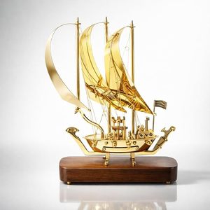 Modèle de bateau à voile artisanal en métal Golden Horizon avec base en bois, décoration nautique de luxe pour la maison, finition dorée - Product Image 4