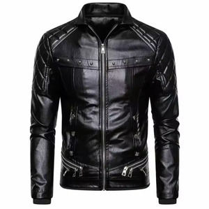เสื้อแจ็คเก็ตหนังแท้ทรงเข้ารูปสำหรับผู้ชายไซส์ใหญ่ คอตั้ง ปักโลโก้ด้านหน้า เหมาะสำหรับฤดูหนาว - Product Image 1