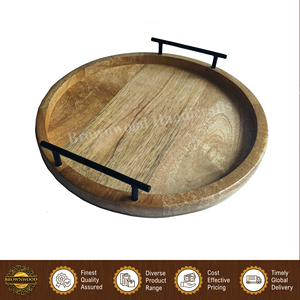 Superior Quality Handmade round Mango Wood Serving Tray with Elegant Home <b>Kitchen</b> Metal Handles Wholesale Serving Trays - Product Image 4