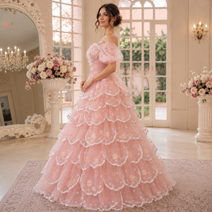 Women's Blush Pink Sweetheart Neckline Off-Shoulder Ball Gown Short Layered Chiffon <b>Skirt</b> Chapel Train Candy Color Pleat - Product Image 1