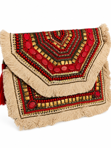 Sac à bandoulière à rabat orné de perles et de pierres, avec franges, pour femme, sac à main de créateur, léger, durable, personnalisable, vente en gros - Product Image 1