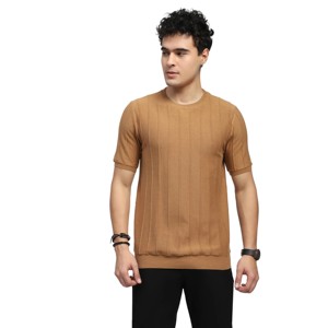 Men's O-Neck Short Sleeve Knitted T-Shirt Regular Fit Heavyweight Solid Color Casual Wear <b>Brown</b> T-Shirt - Product Image 1