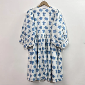 เดรสลำลองผู้หญิงผ้าฝ้ายทอสีพื้น/เรียบ แขนทรงบอลลูน เอวทรงเอ็มไพร์ ทรงเบบี้ดอลล์ คอวีทรงโอเวอร์ไซส์ ทรงหลวม - Product Image 4