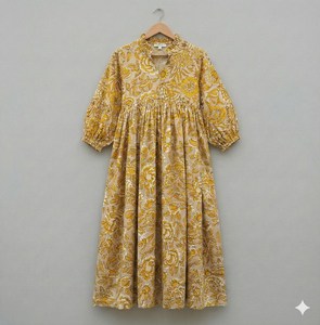 Bohemian Yellow Floral Block Print Cotton Midi <b>Dress</b> With Puff Sleeve <b>Loose</b> Fit V-Neck Summer <b>Dress</b> For Women - Product Image 3